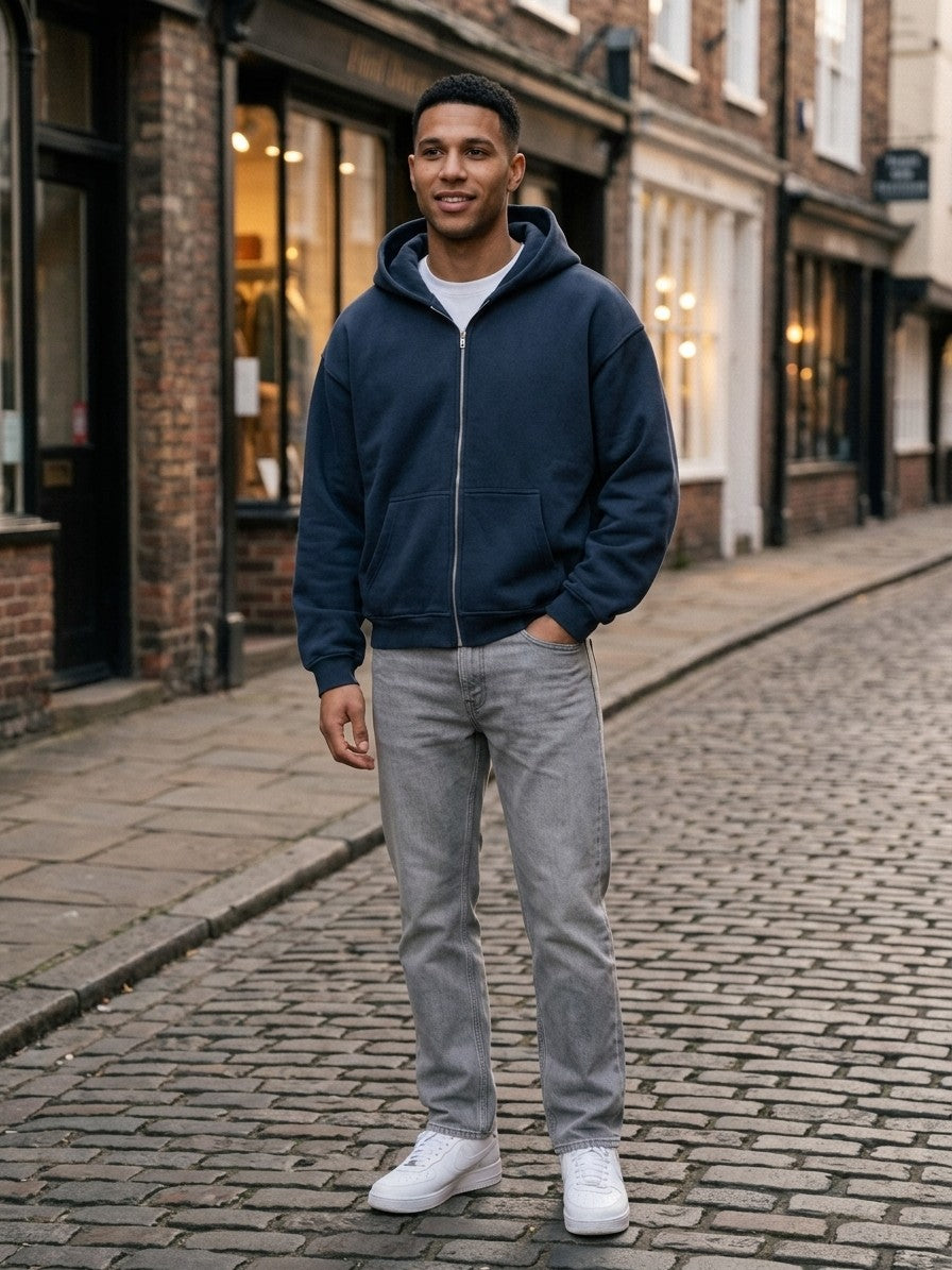 Sansepolcro Men's Oversized Heavyweight Zip Up Hoodie — navy — lifestyle