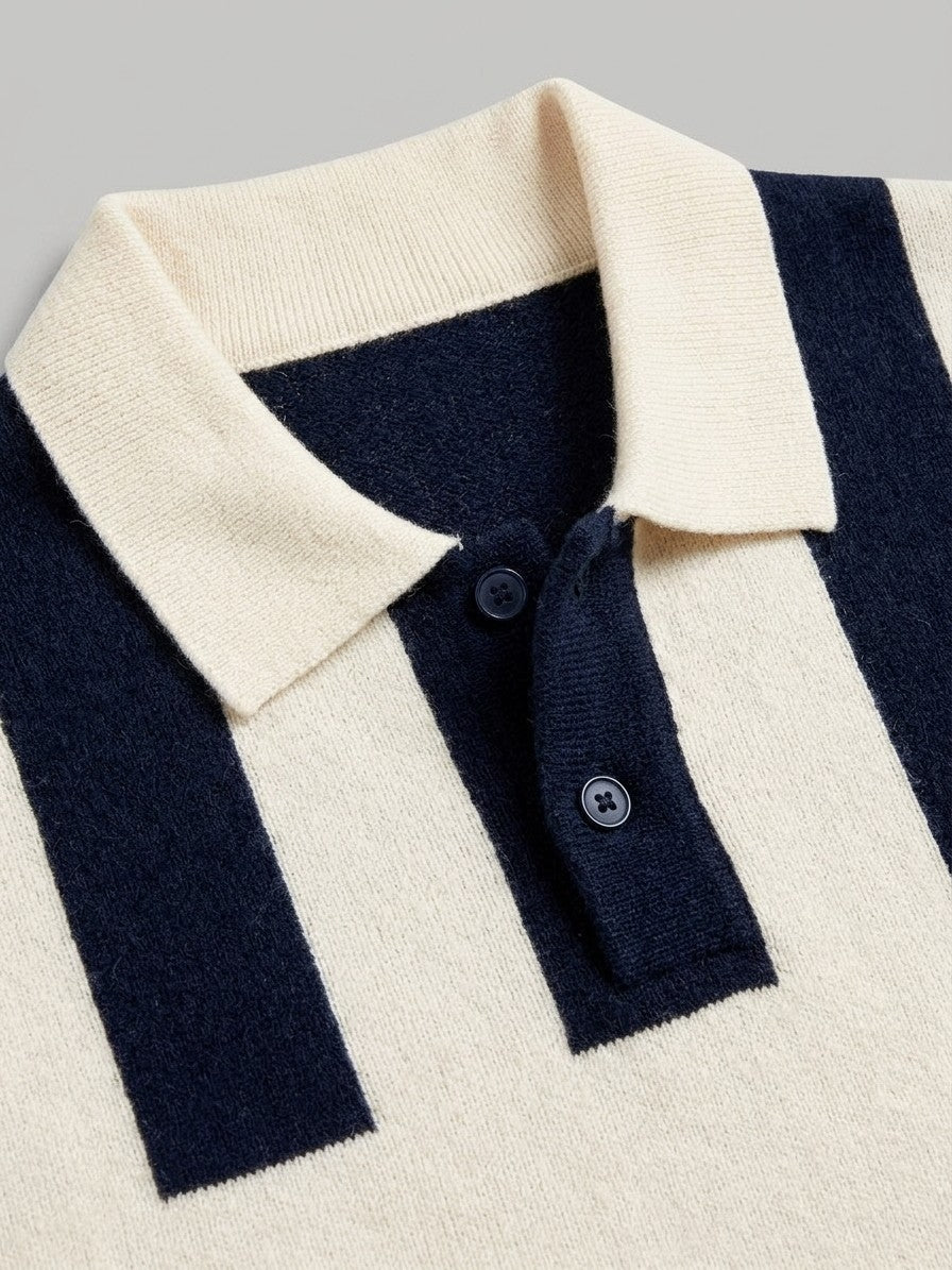 Santarcangelo Men's Chest-Panel Stripe Knit Polo — navycream — detail