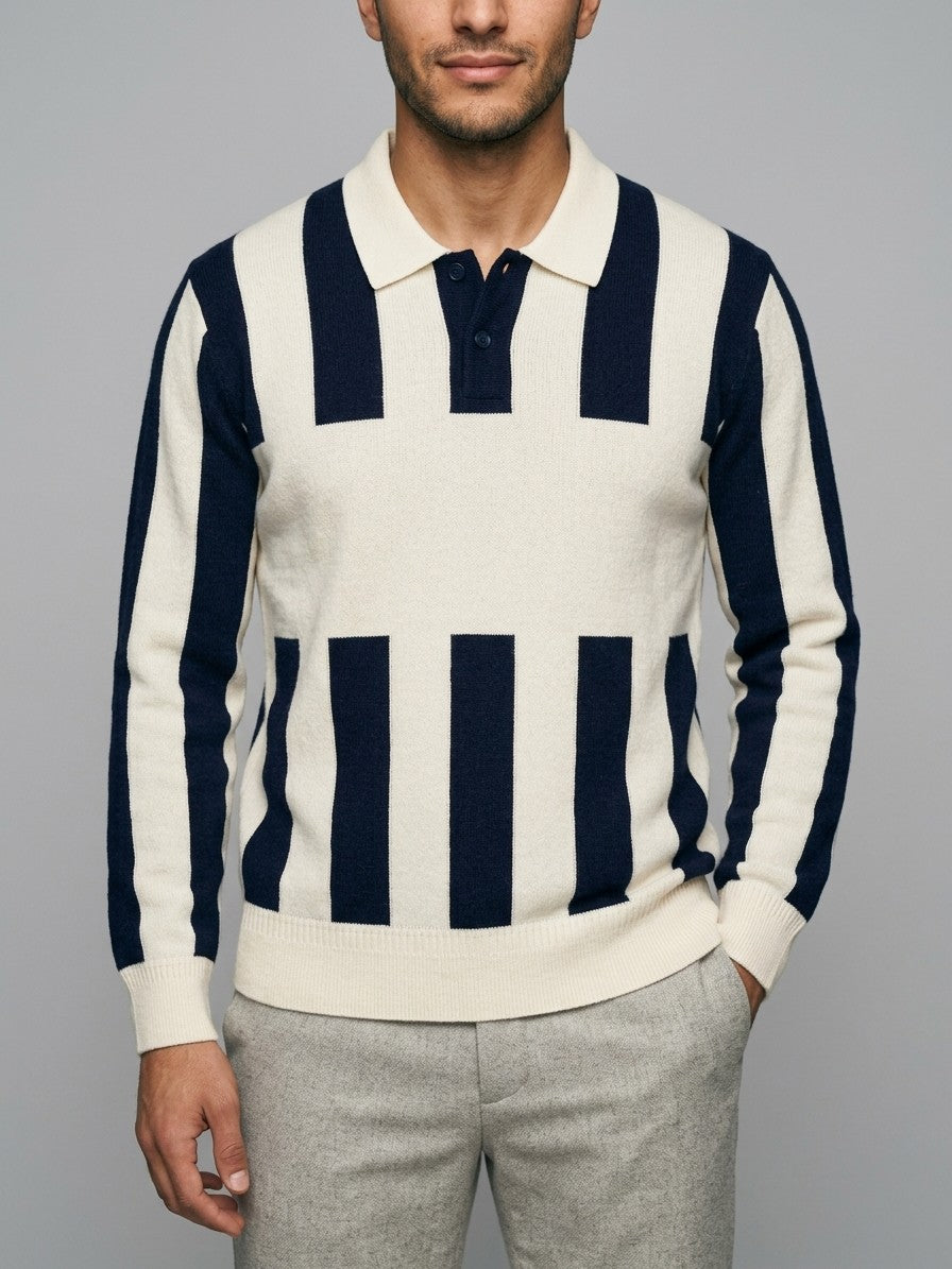 Santarcangelo Men's Chest-Panel Stripe Knit Polo — navycream — front