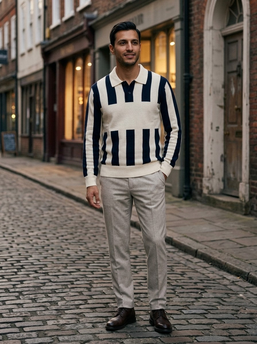 Santarcangelo Men's Chest-Panel Stripe Knit Polo — navycream — lifestyle
