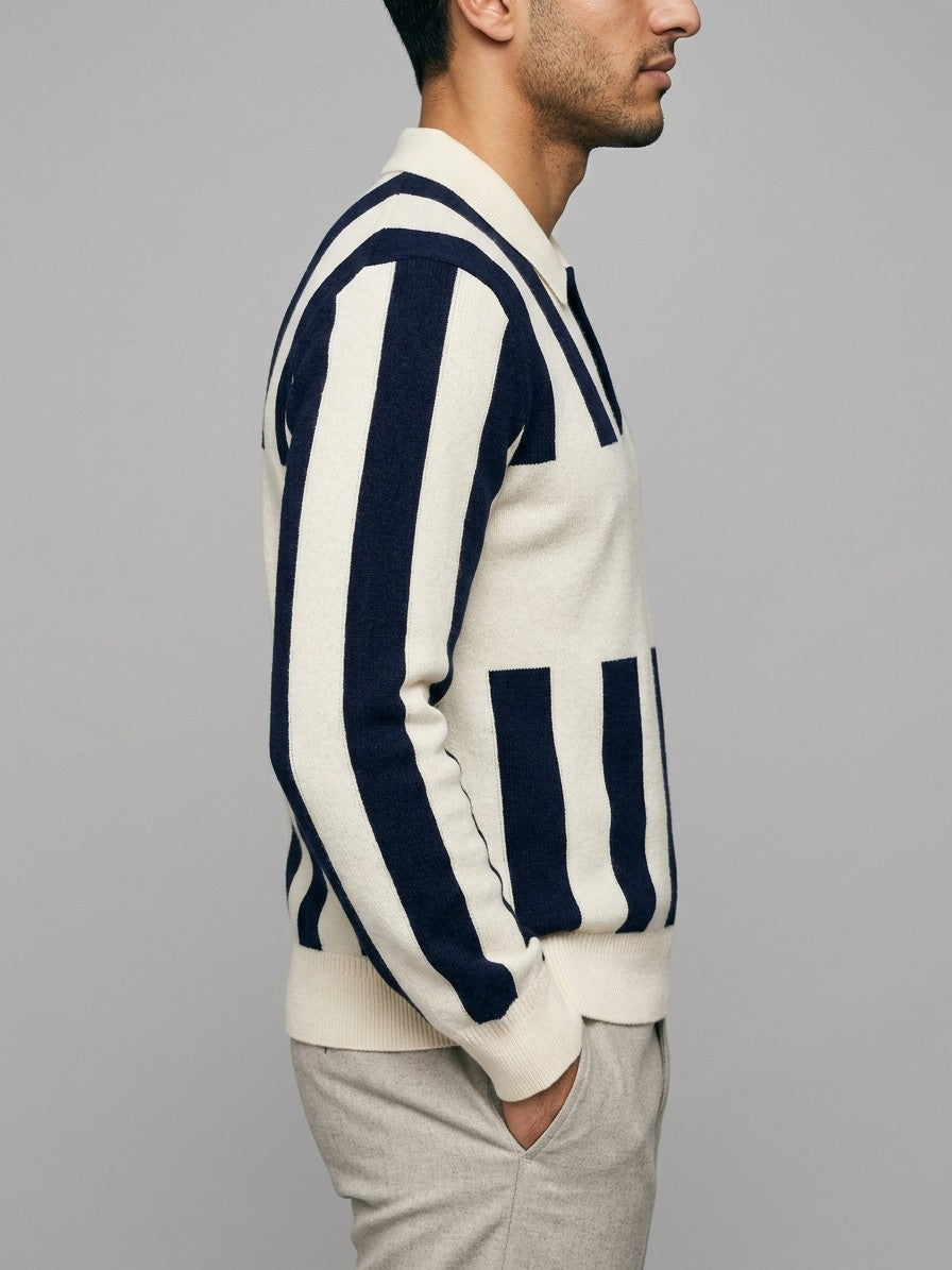 Santarcangelo Men's Chest-Panel Stripe Knit Polo — navycream — side