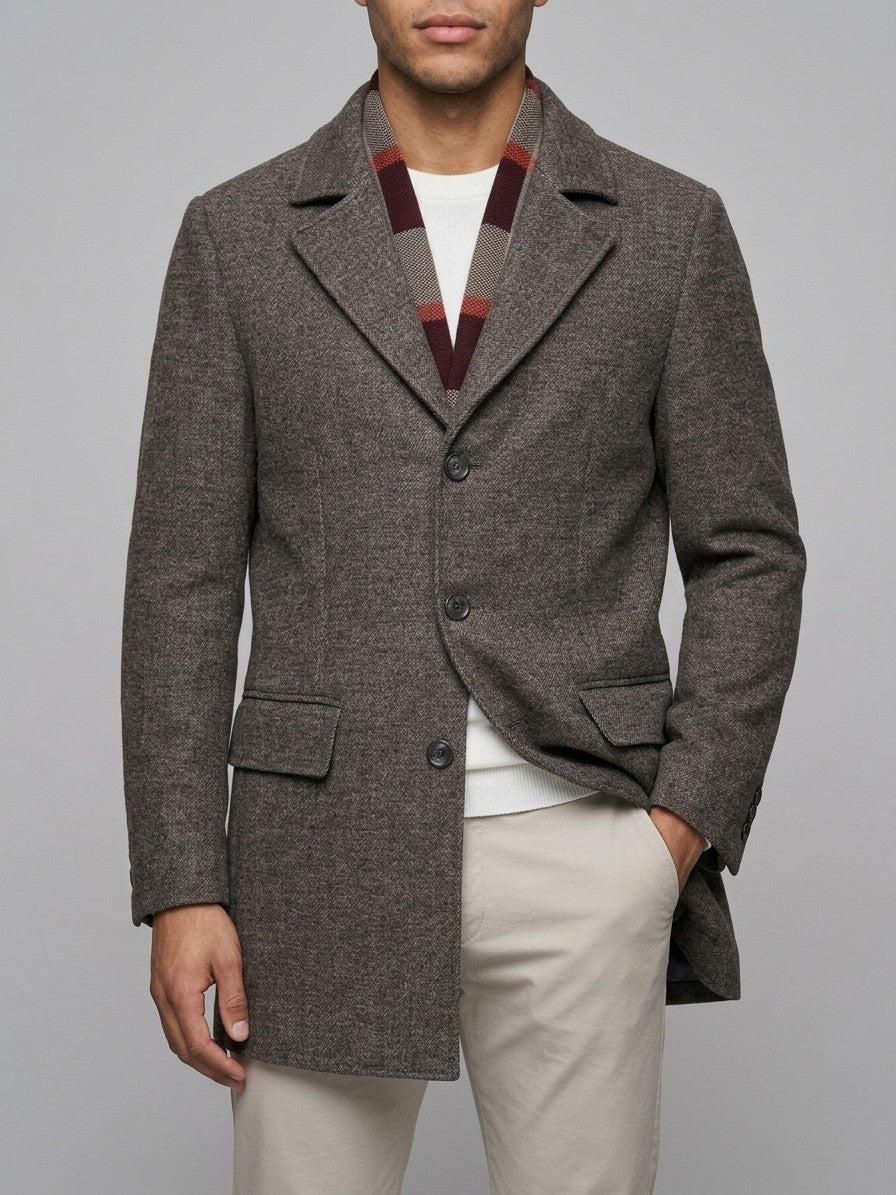 Santeramo Men's Detachable Scarf Wool Overcoat — brownmelange — front