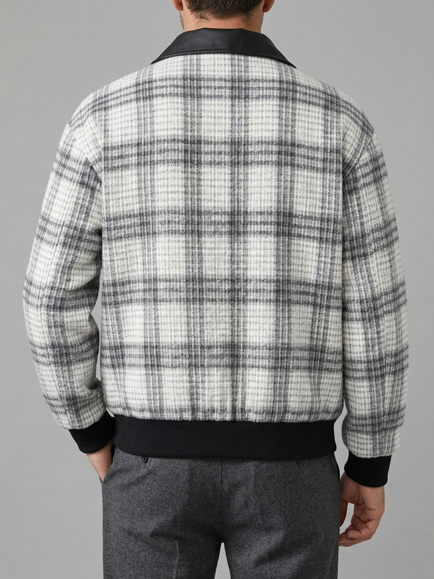 Sappada Men's Textured Plaid Bomber Jacket — whitegray — back