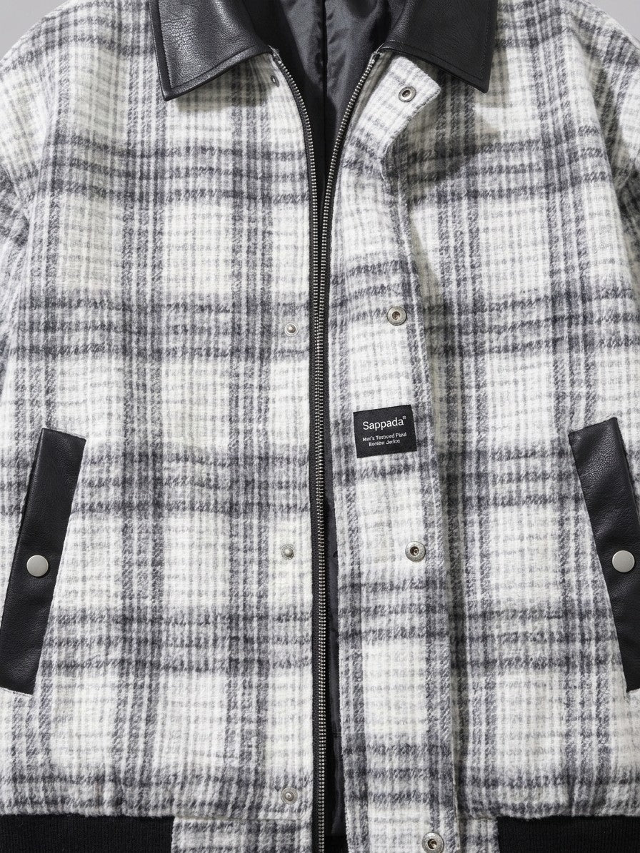 Sappada Men's Textured Plaid Bomber Jacket — whitegray — detail-2