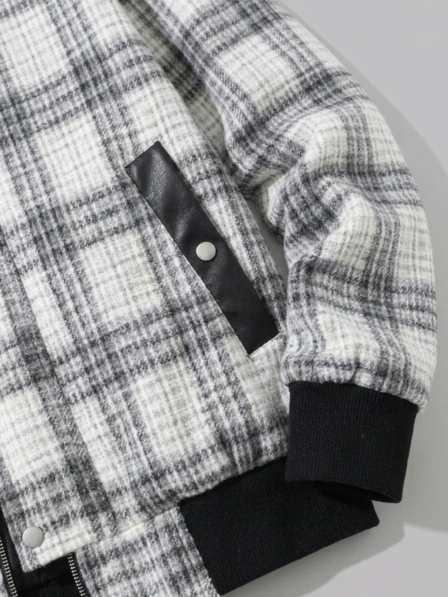 Sappada Men's Textured Plaid Bomber Jacket — whitegray — detail-collar