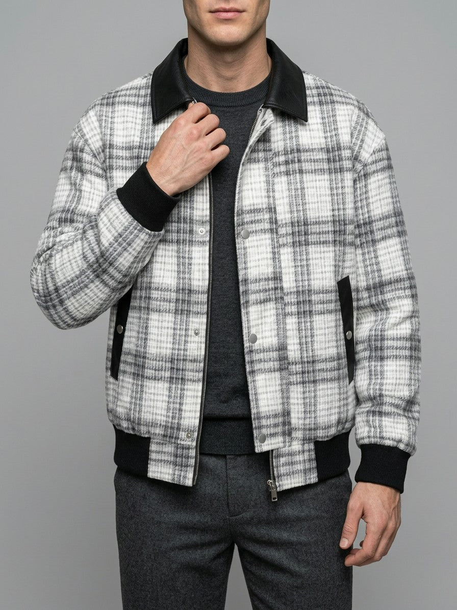 Sappada Men's Textured Plaid Bomber Jacket — whitegray — front