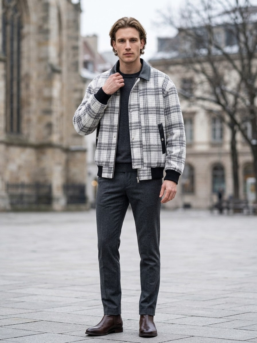 Sappada Men's Textured Plaid Bomber Jacket — whitegray — lifestyle