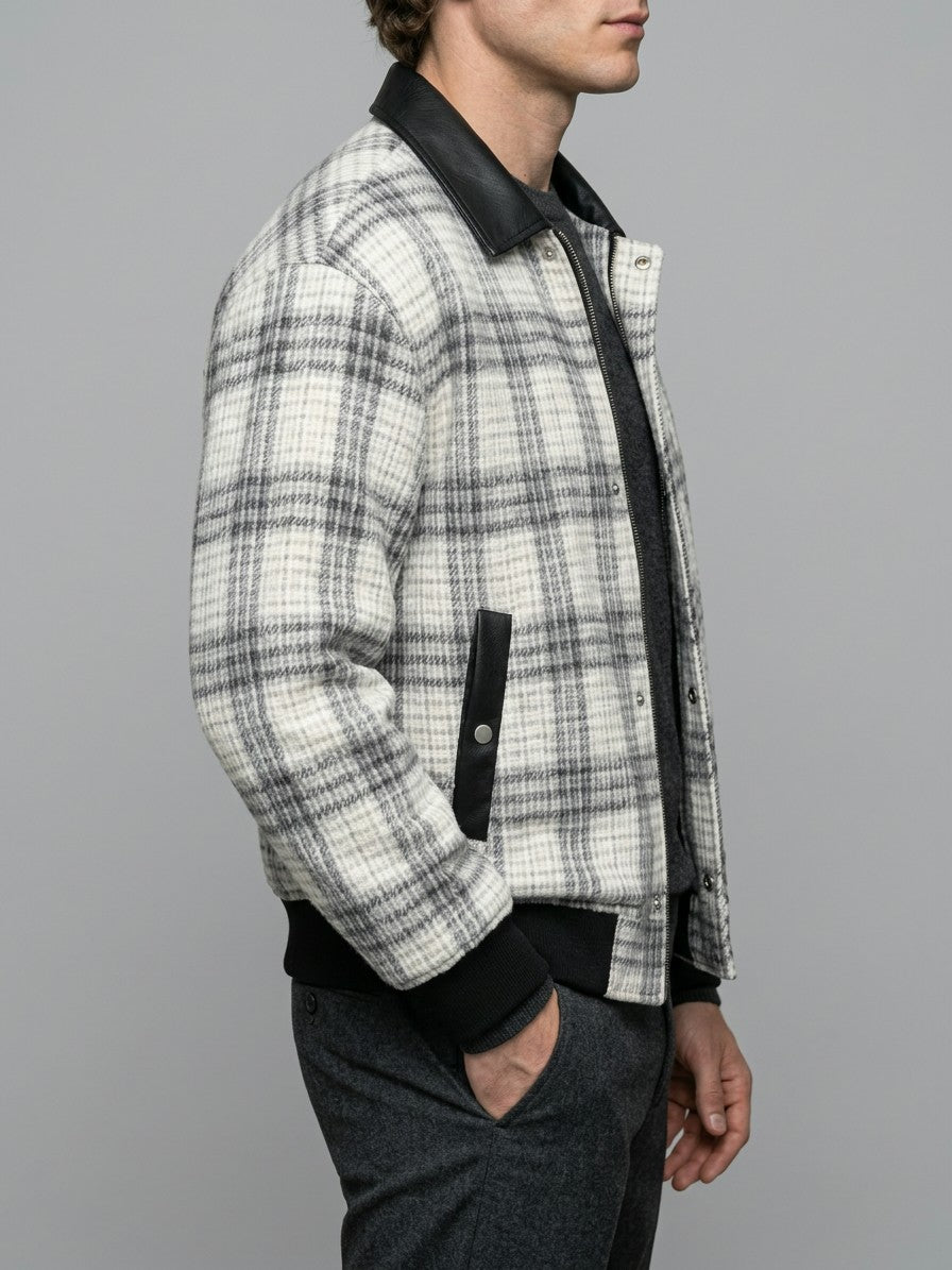 Sappada Men's Textured Plaid Bomber Jacket — whitegray — side
