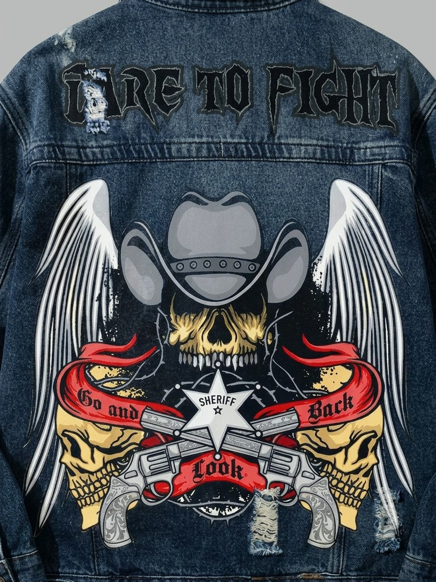 Sarnico Men's Graphic Back Denim Jacket — dark — detail-back-graphic