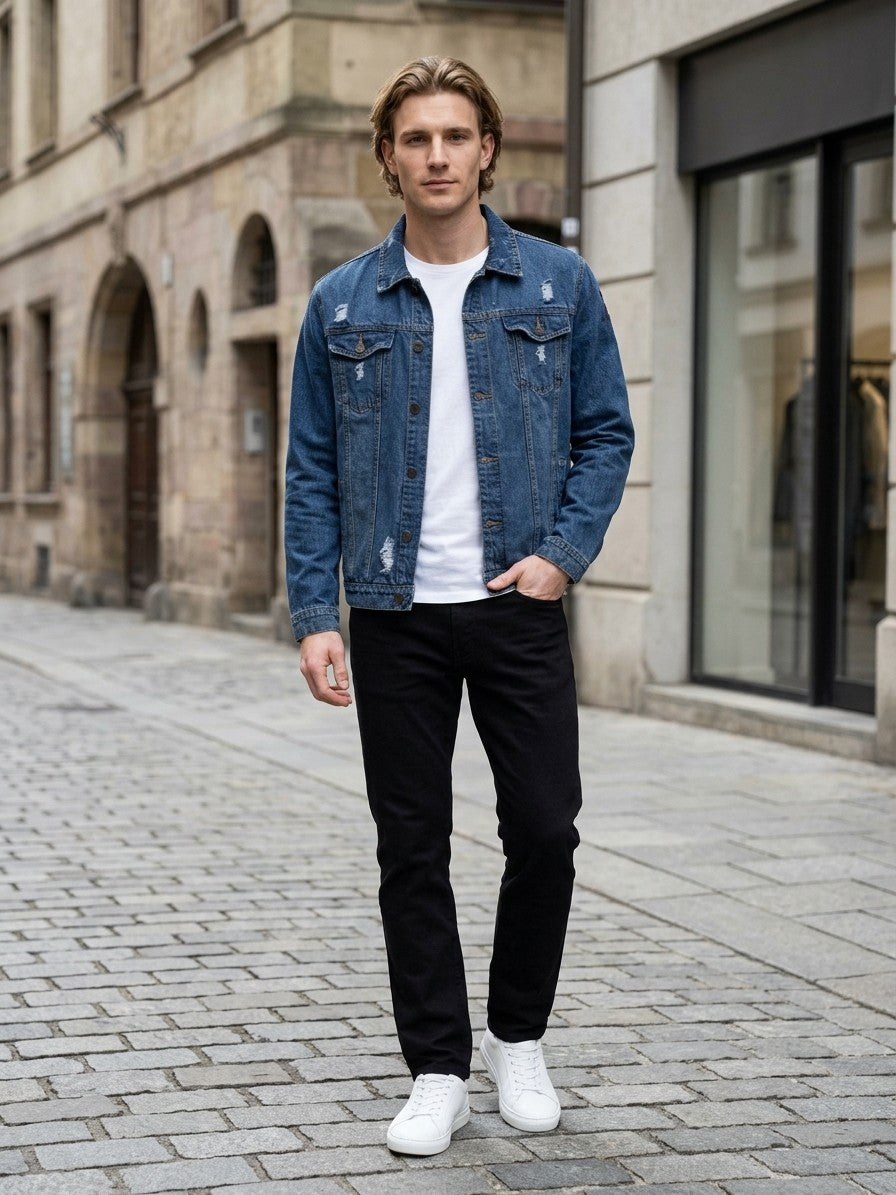 Sarnico Men's Graphic Back Denim Jacket — dark — lifestyle — v2