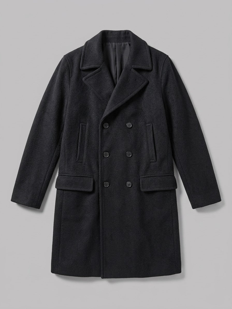 Sarteano Men's Textured Double-Breasted Overcoat — black — packshot