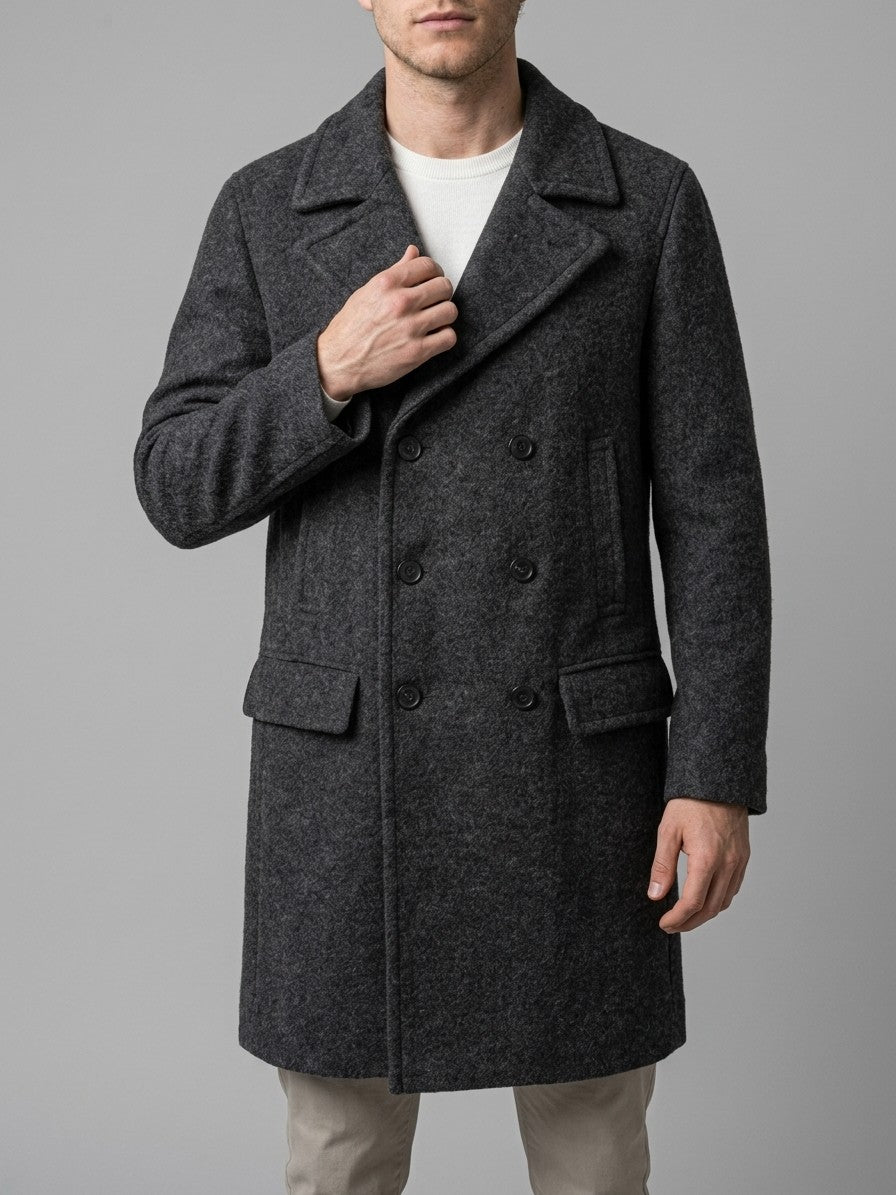 Sarteano Men's Textured Double-Breasted Overcoat — charcoal — front