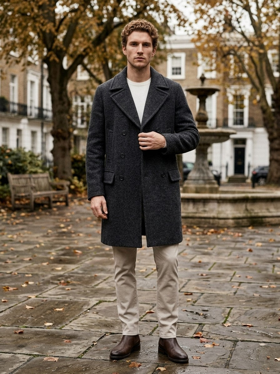 Sarteano Men's Textured Double-Breasted Overcoat — charcoal — lifestyle