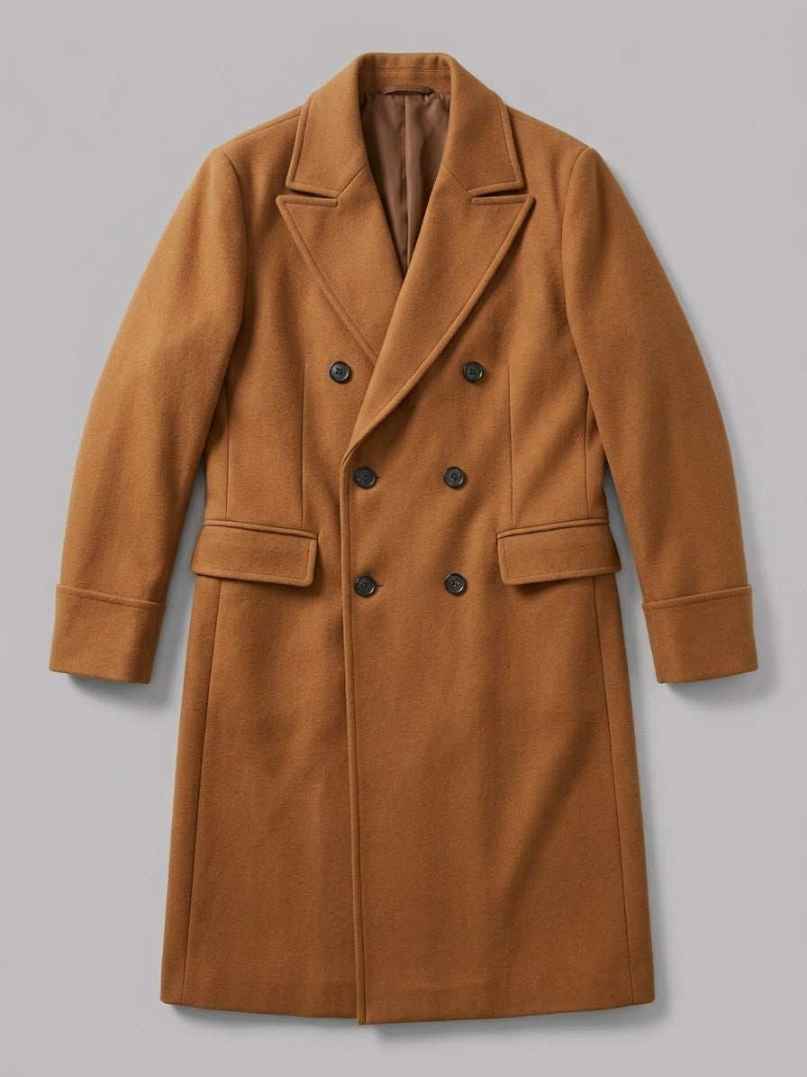 Sassello Men's Peak Lapel Long Overcoat — camel — packshot