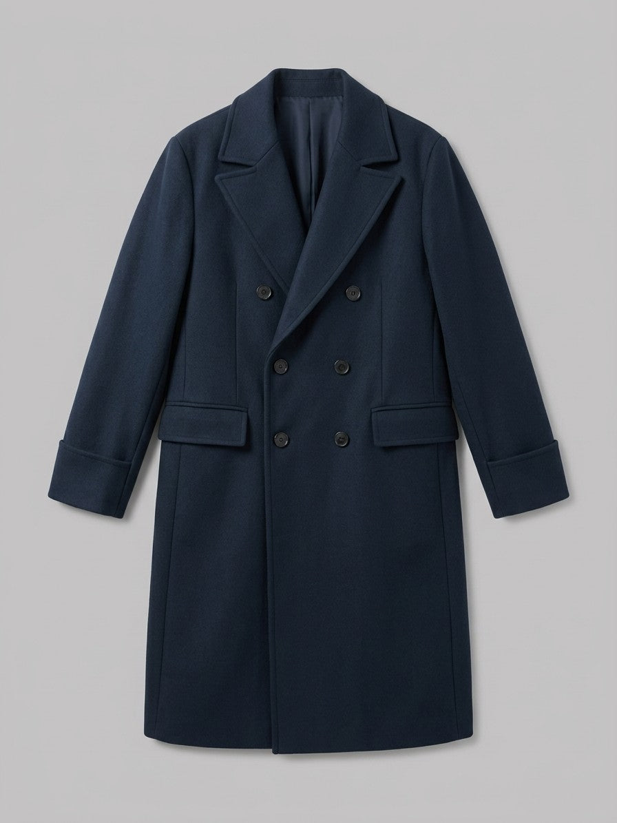 Sassello Men's Peak Lapel Long Overcoat — navy — packshot