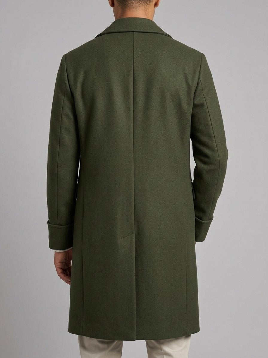 Sassello Men's Peak Lapel Long Overcoat — olive — back