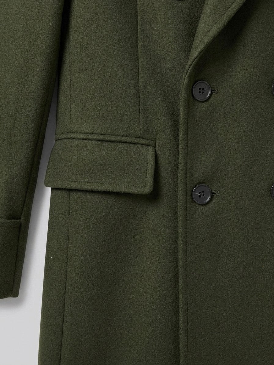 Sassello Men's Peak Lapel Long Overcoat — olive — detail-2