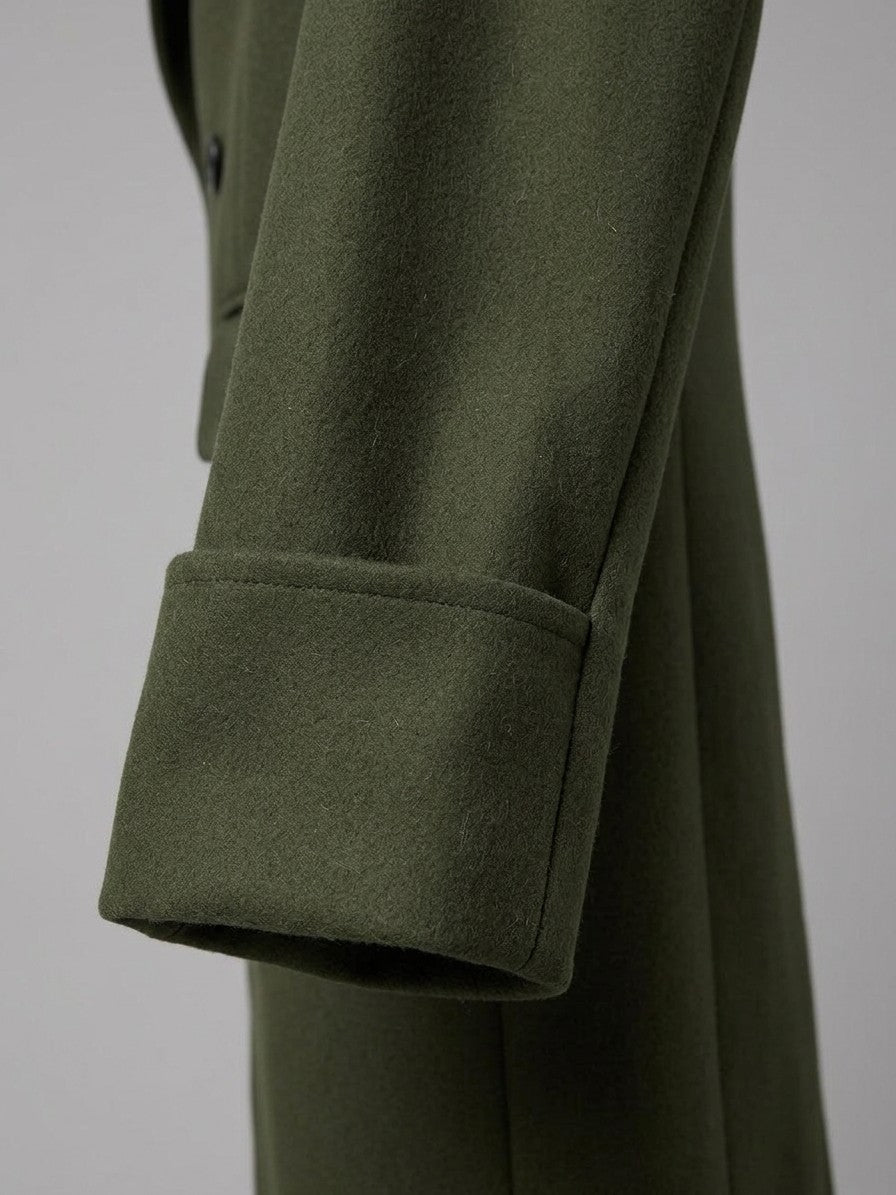 Sassello Men's Peak Lapel Long Overcoat — olive — detail-collar