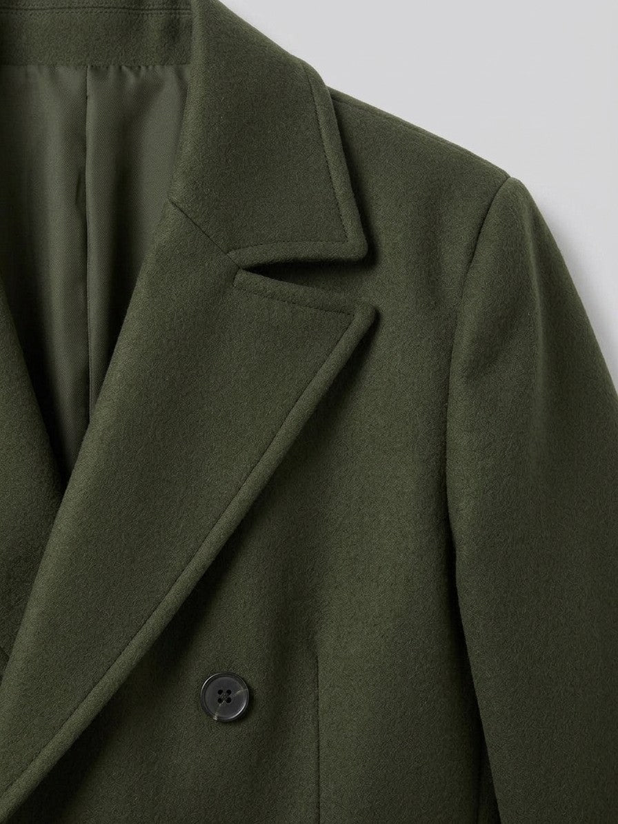 Sassello Men's Peak Lapel Long Overcoat — olive — detail