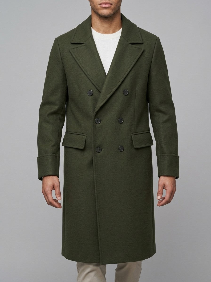 Sassello Men's Peak Lapel Long Overcoat — olive — front