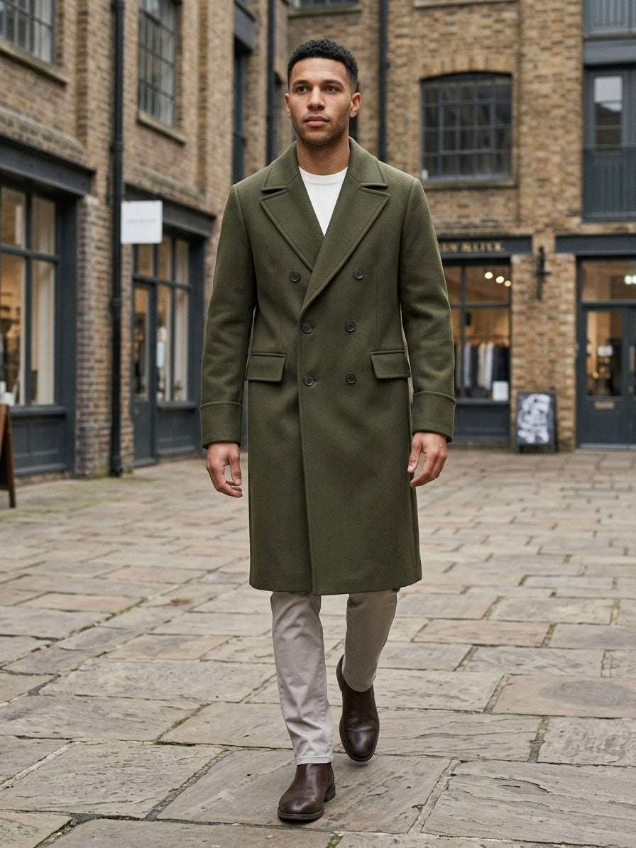 Sassello Men's Peak Lapel Long Overcoat — olive — lifestyle