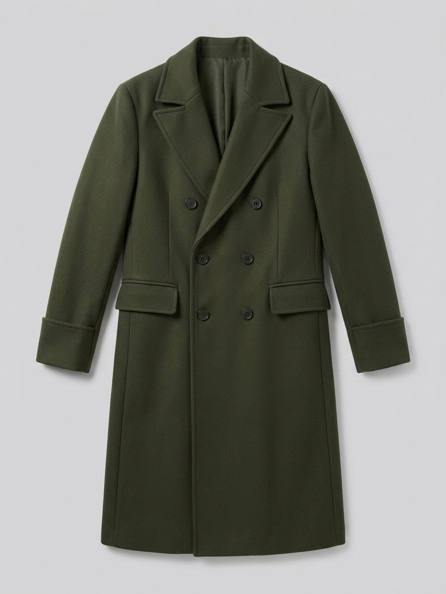 Sassello Men's Peak Lapel Long Overcoat — olive — packshot