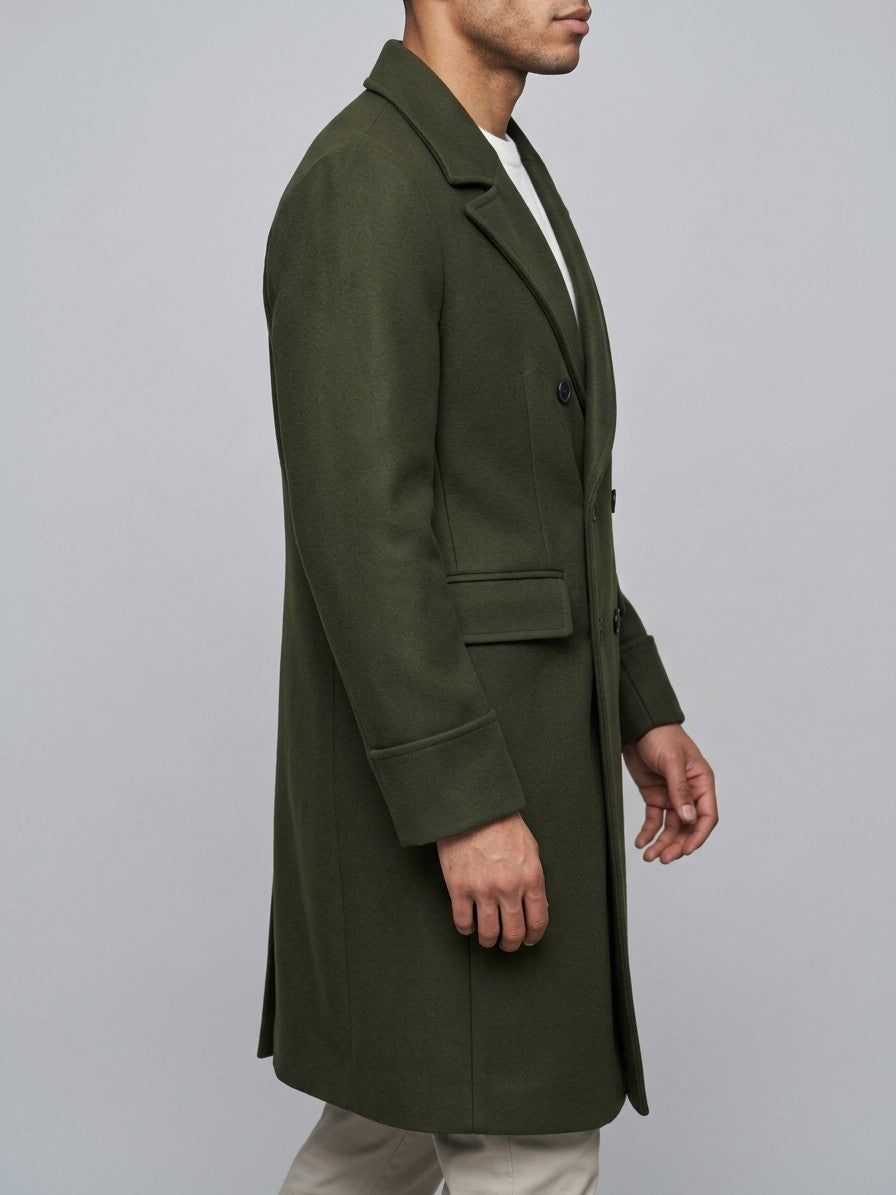 Sassello Men's Peak Lapel Long Overcoat — olive — side