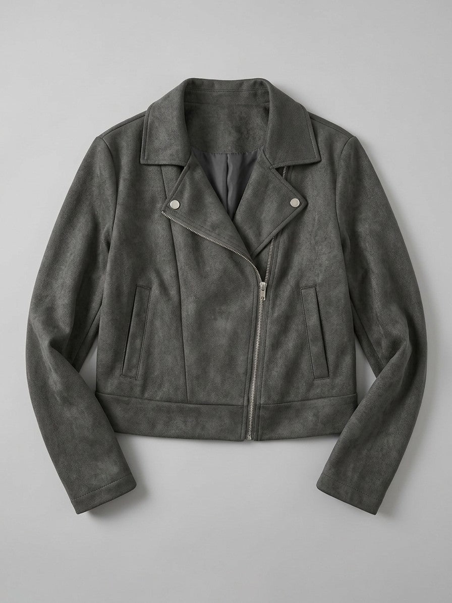 Sassocorvaro Women's Cropped Suede Biker Jacket — darkgray — packshot