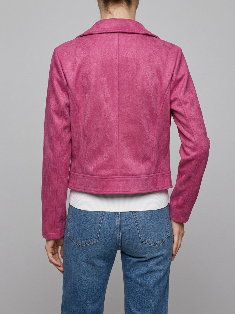 Sassocorvaro Women's Cropped Suede Biker Jacket — hotpink — back