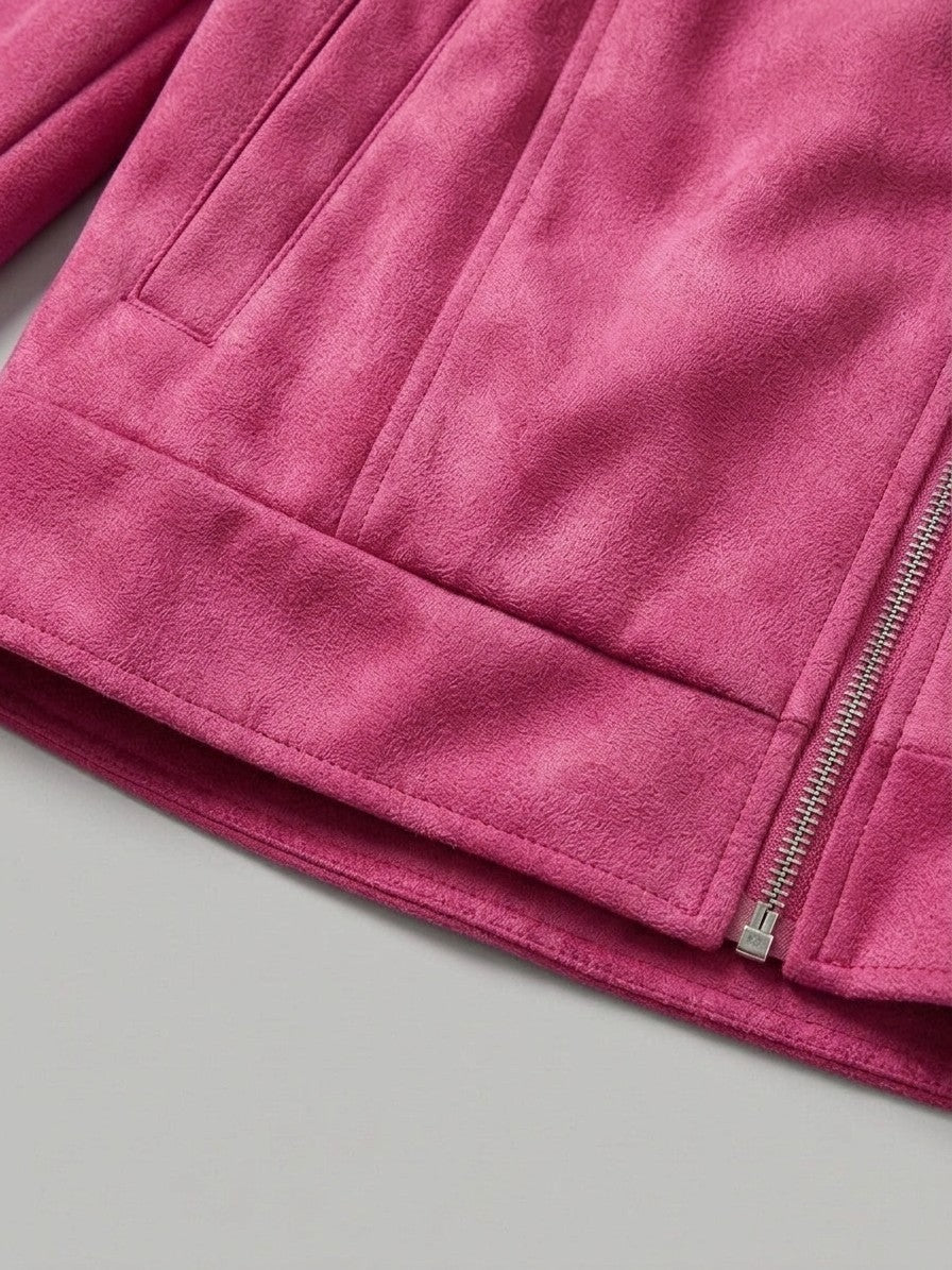 Sassocorvaro Women's Cropped Suede Biker Jacket — hotpink — detail-collar