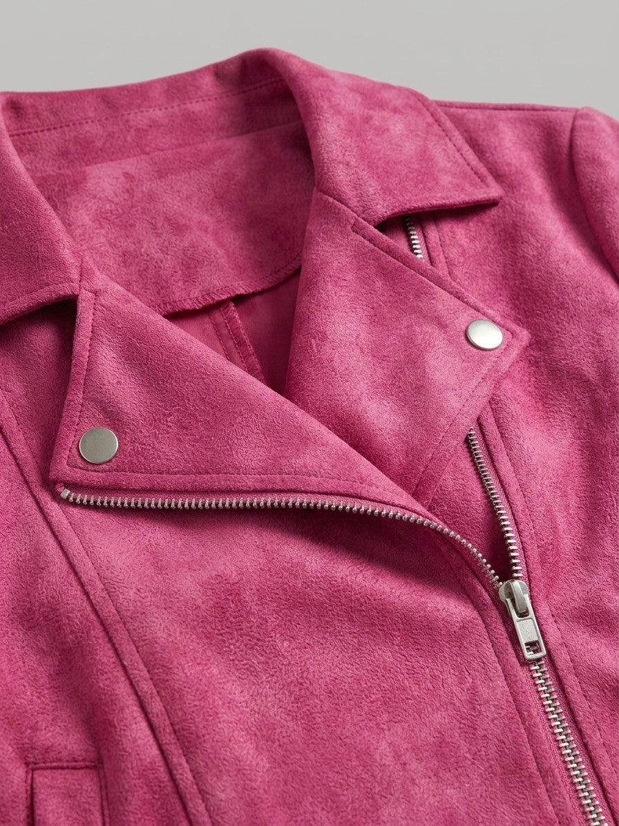 Sassocorvaro Women's Cropped Suede Biker Jacket — hotpink — detail