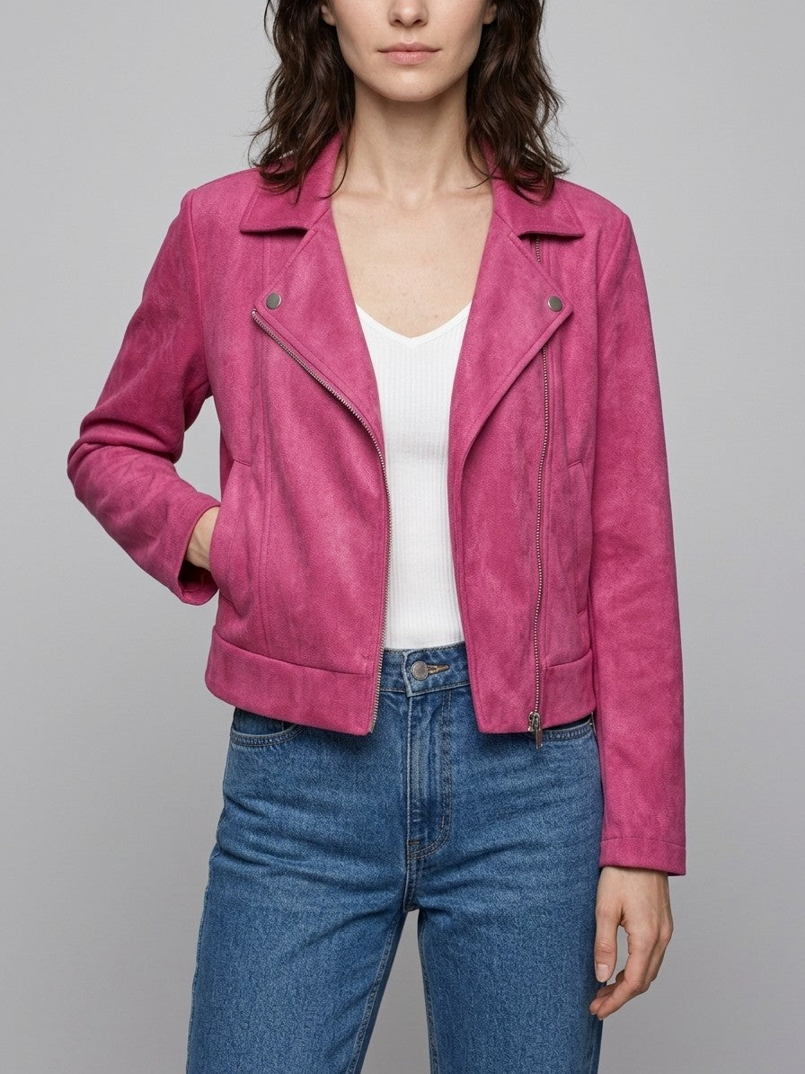 Sassocorvaro Women's Cropped Suede Biker Jacket — hotpink — front