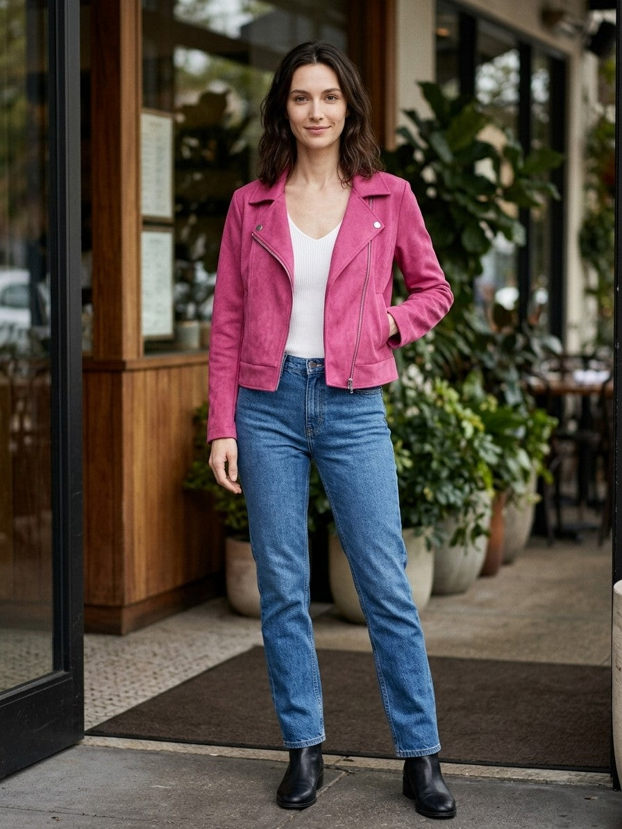 Sassocorvaro Women's Cropped Suede Biker Jacket — hotpink — lifestyle