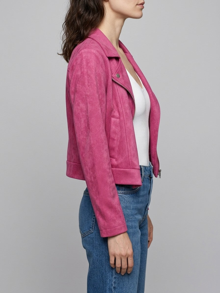 Sassocorvaro Women's Cropped Suede Biker Jacket — hotpink — side