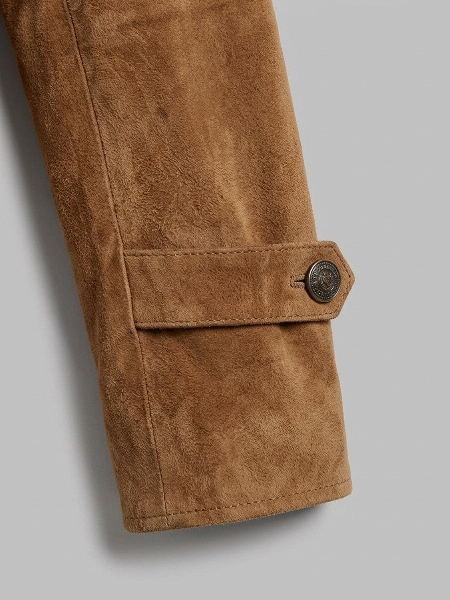 Sassoferrato Women's Suede Utility Shirt Jacket — caramel — detail-collar