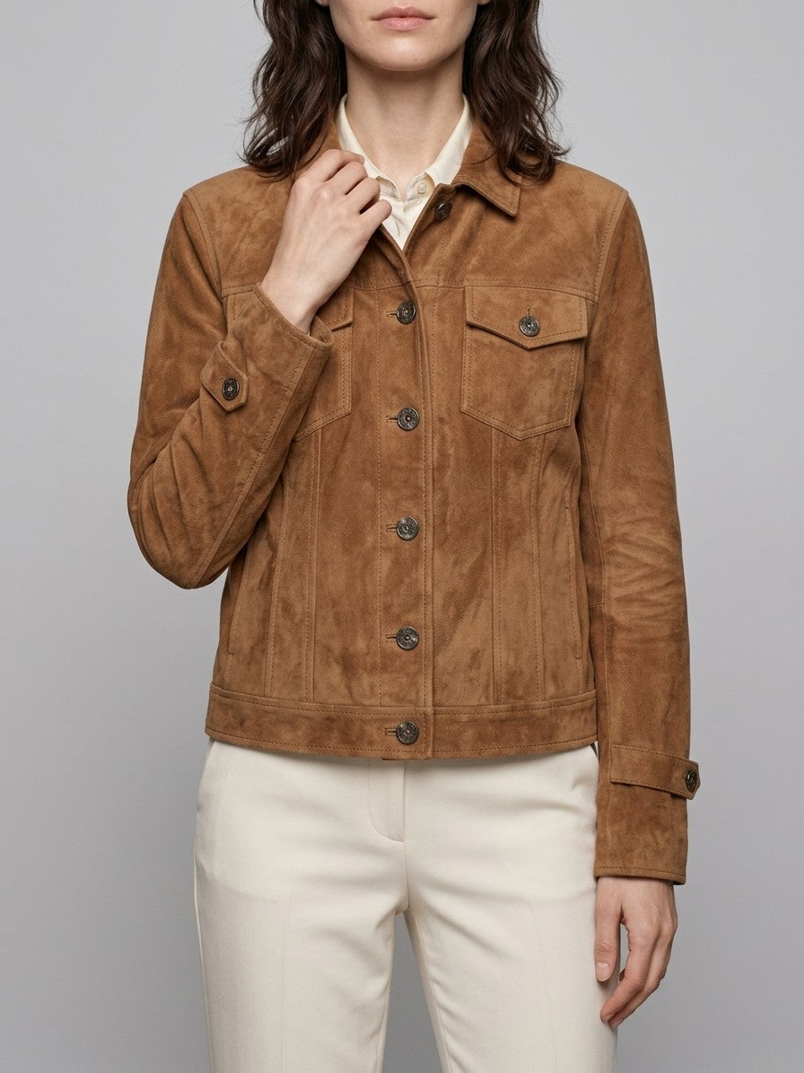 Sassoferrato Women's Suede Utility Shirt Jacket — caramel — front