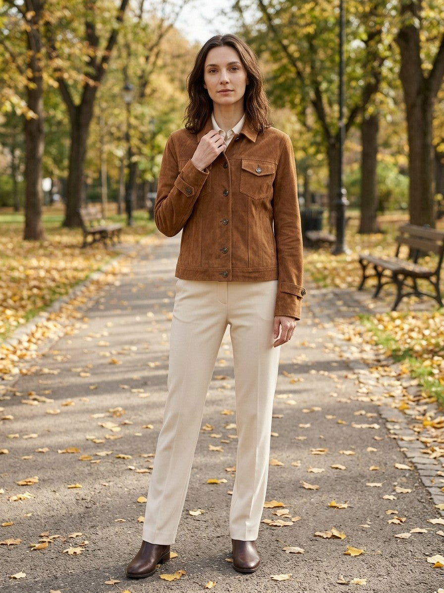Sassoferrato Women's Suede Utility Shirt Jacket — caramel — lifestyle