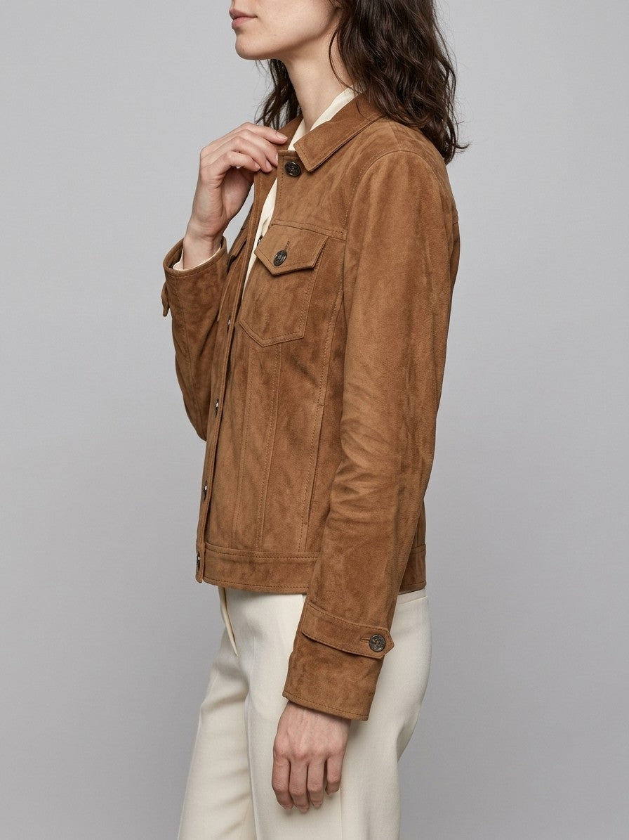 Sassoferrato Women's Suede Utility Shirt Jacket — caramel — side