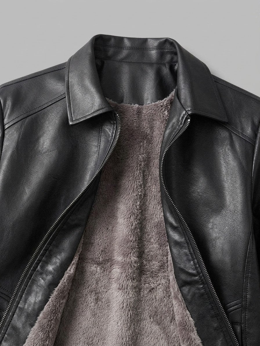 Sassuolo Men's Plush-Lined Faux Leather Jacket — blackshirtcollar — detail-collar