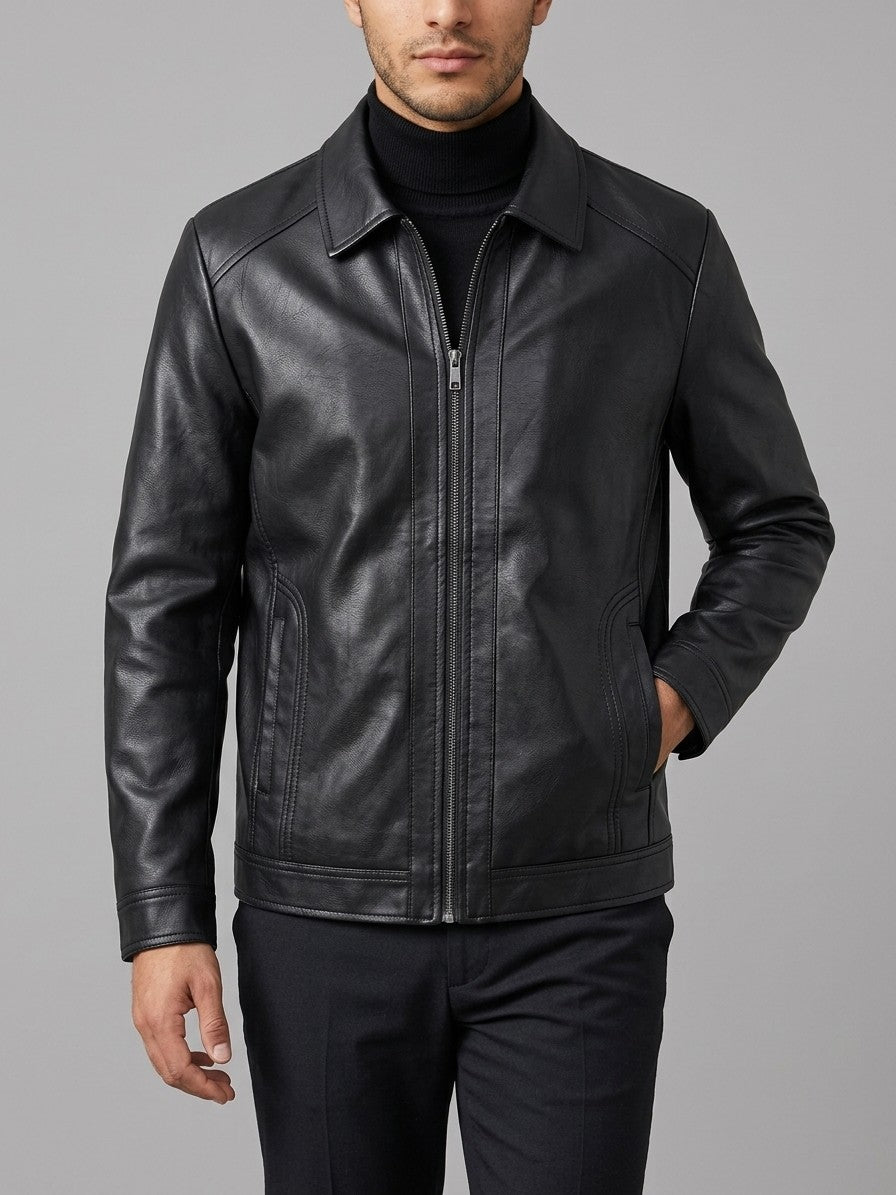 Sassuolo Men's Plush-Lined Faux Leather Jacket — blackshirtcollar — front