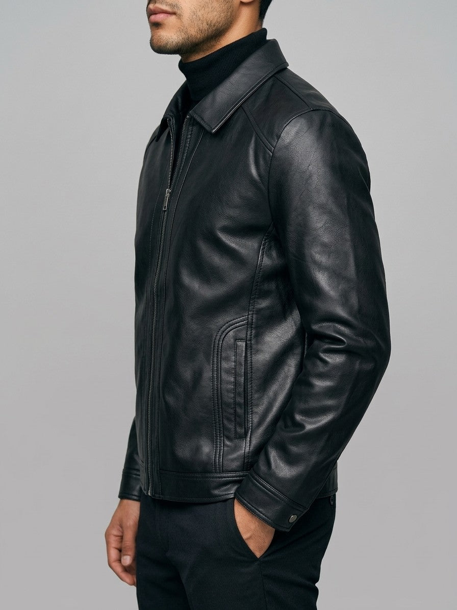 Sassuolo Men's Plush-Lined Faux Leather Jacket — blackshirtcollar — side