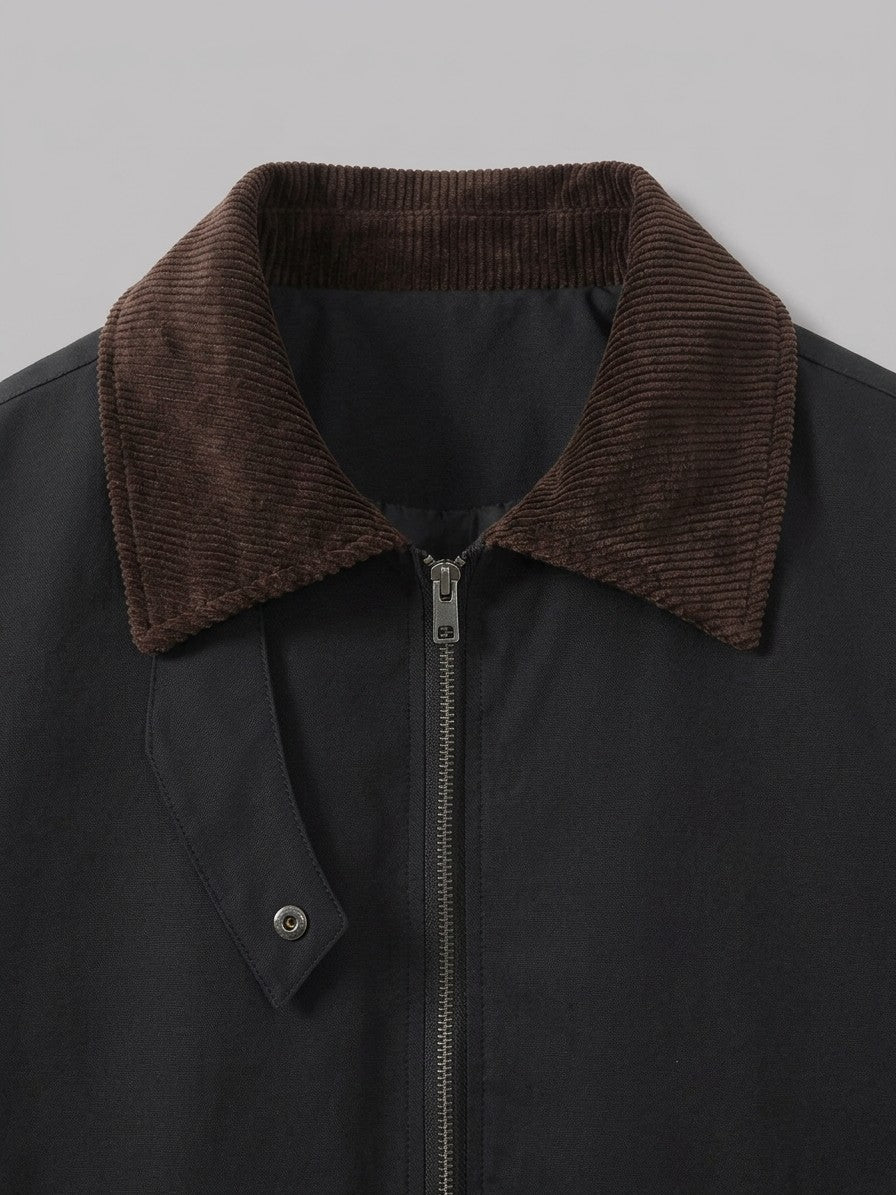 Savona Men's Corduroy-Collar Zip Jacket — black — detail-collar