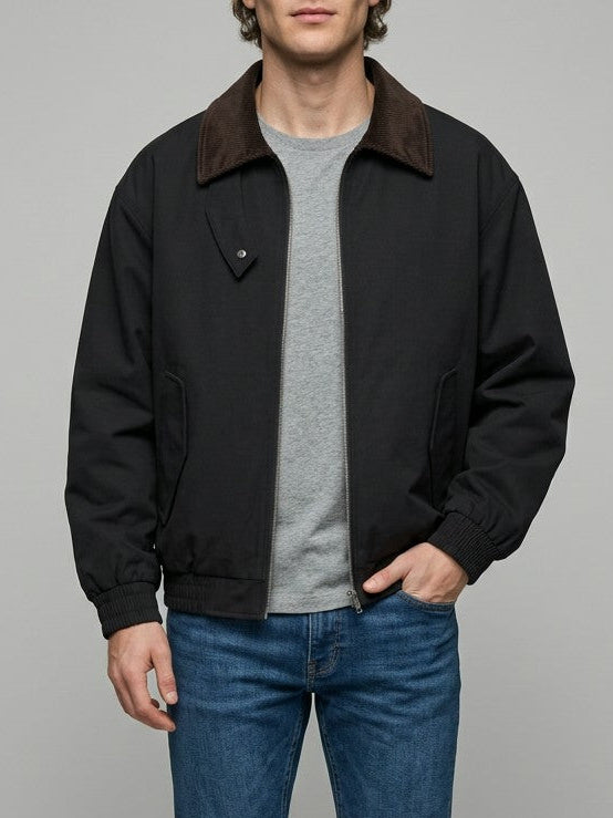 Savona Men's Corduroy-Collar Zip Jacket — black — front