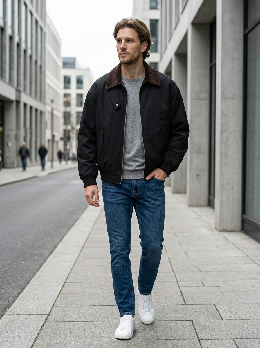Savona Men's Corduroy-Collar Zip Jacket — black — lifestyle
