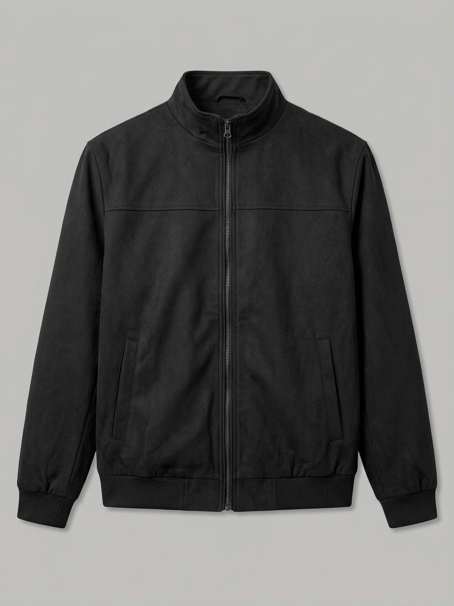 Scandiano Men's Stand-Collar Faux Suede Harrington Jacket — black — packshot