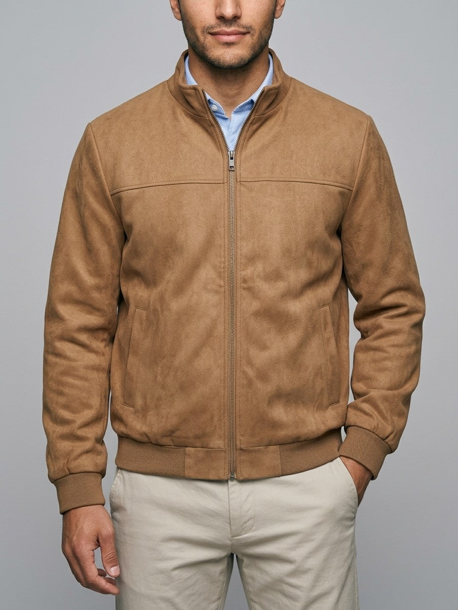 Scandiano Men's Stand-Collar Faux Suede Harrington Jacket — caramel — front