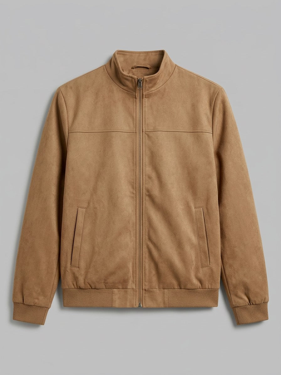 Scandiano Men's Stand-Collar Faux Suede Harrington Jacket — caramel — packshot