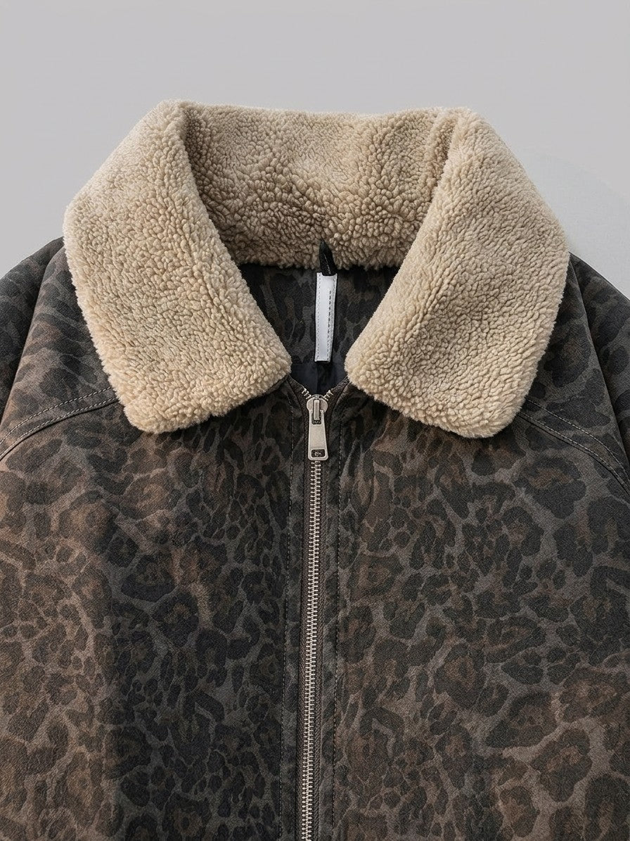 Scanno Men's Faded Leopard Bomber Jacket — charcoal — detail