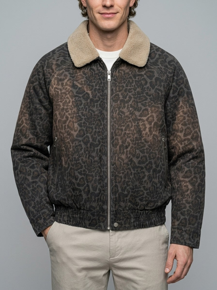 Scanno Men's Faded Leopard Bomber Jacket — charcoal — front