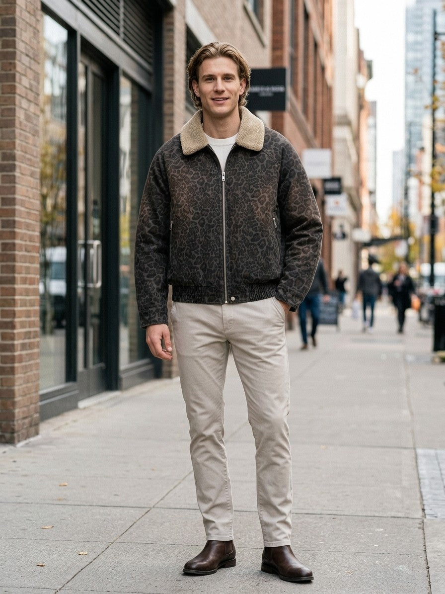 Scanno Men's Faded Leopard Bomber Jacket — charcoal — lifestyle